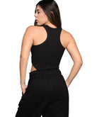 Women's crop tank in black from back