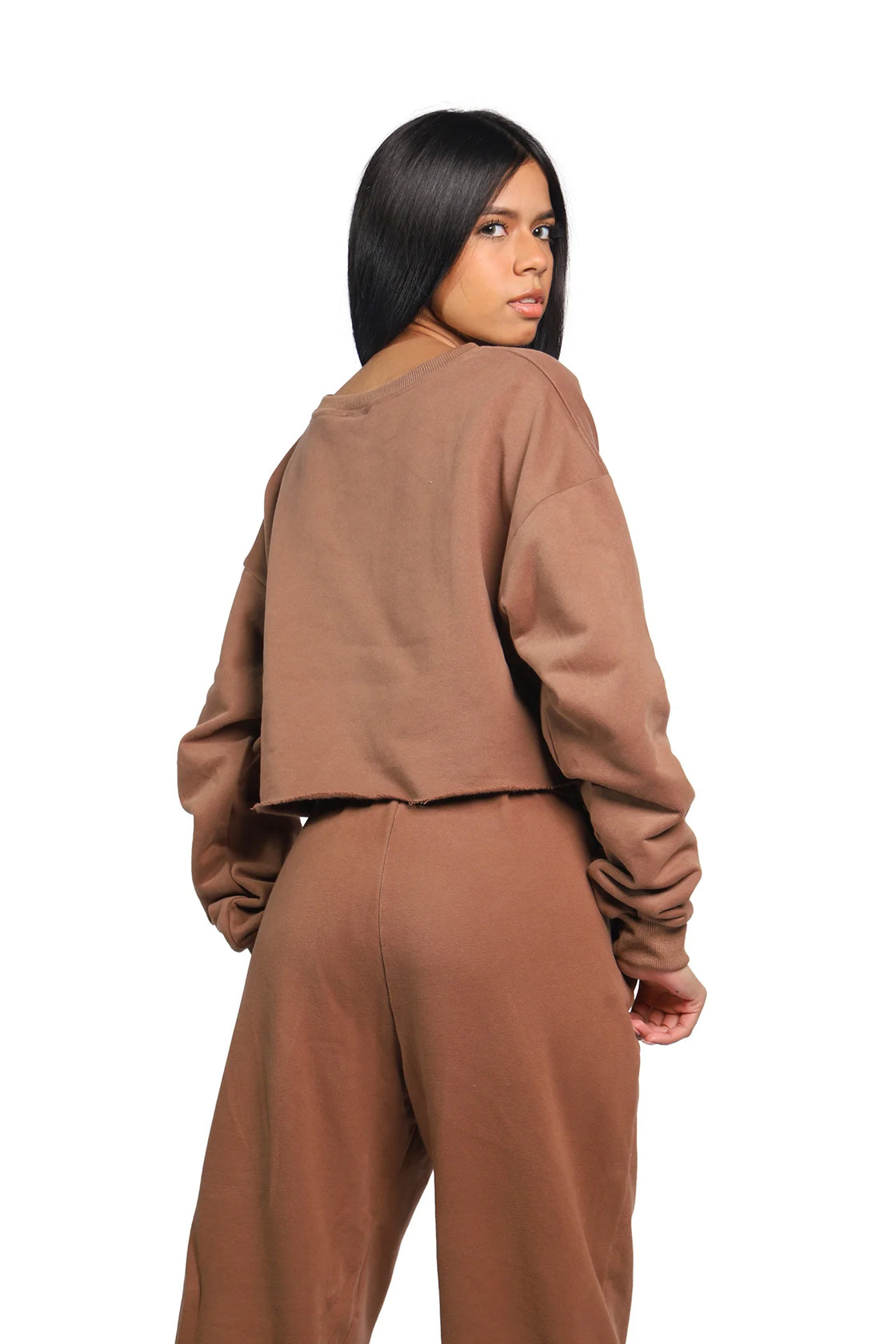 oversize long sleeve crop top sweater in brown color