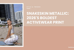 Woman kneeling on the beach wearing the Flex Life Wear Snakeskin Metallic activewear set in white and gold, banner text: Snakeskin Metallic, 2026's boldest activewear print