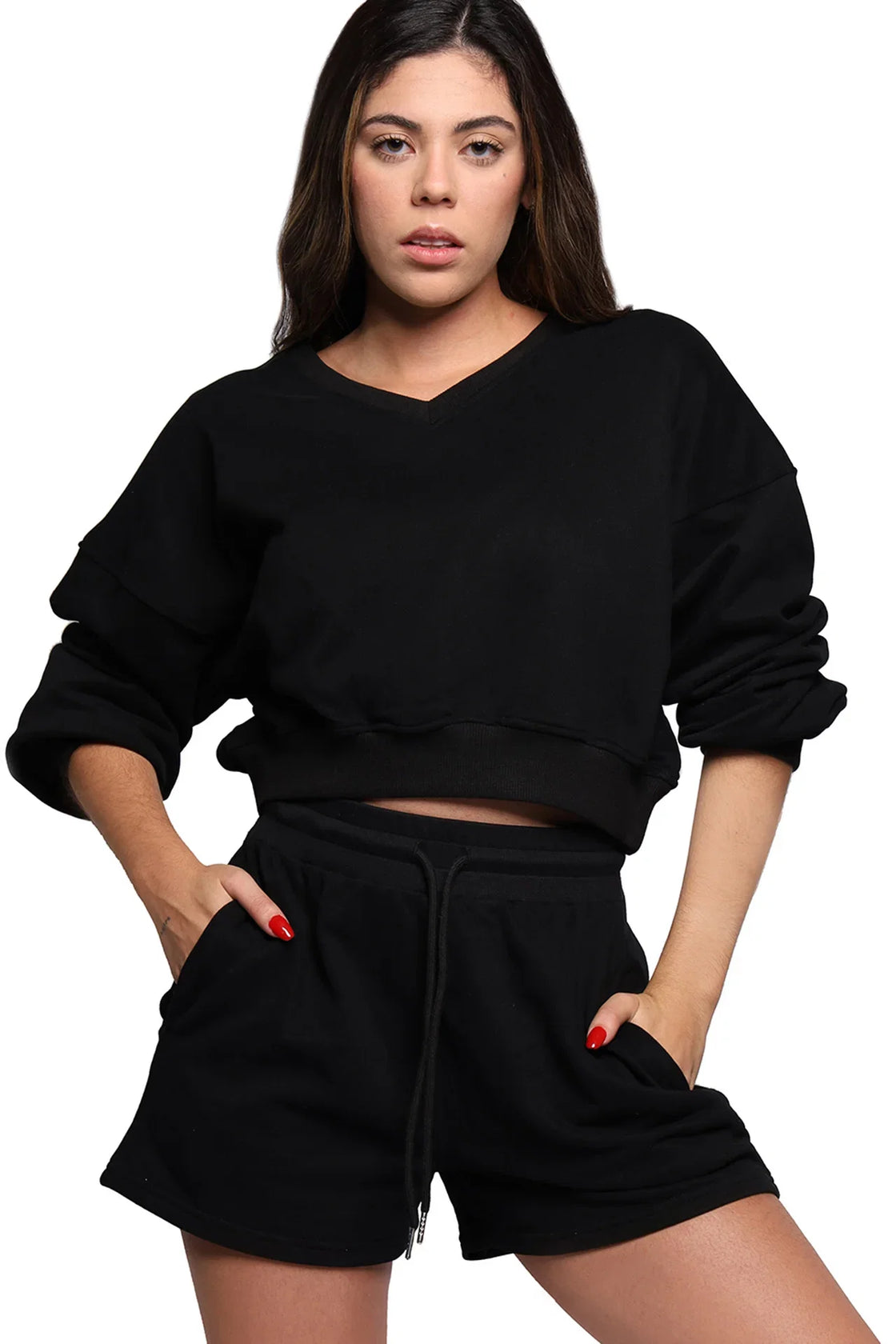 Sweat Short Set in black, matching shorts and V-neck pullover