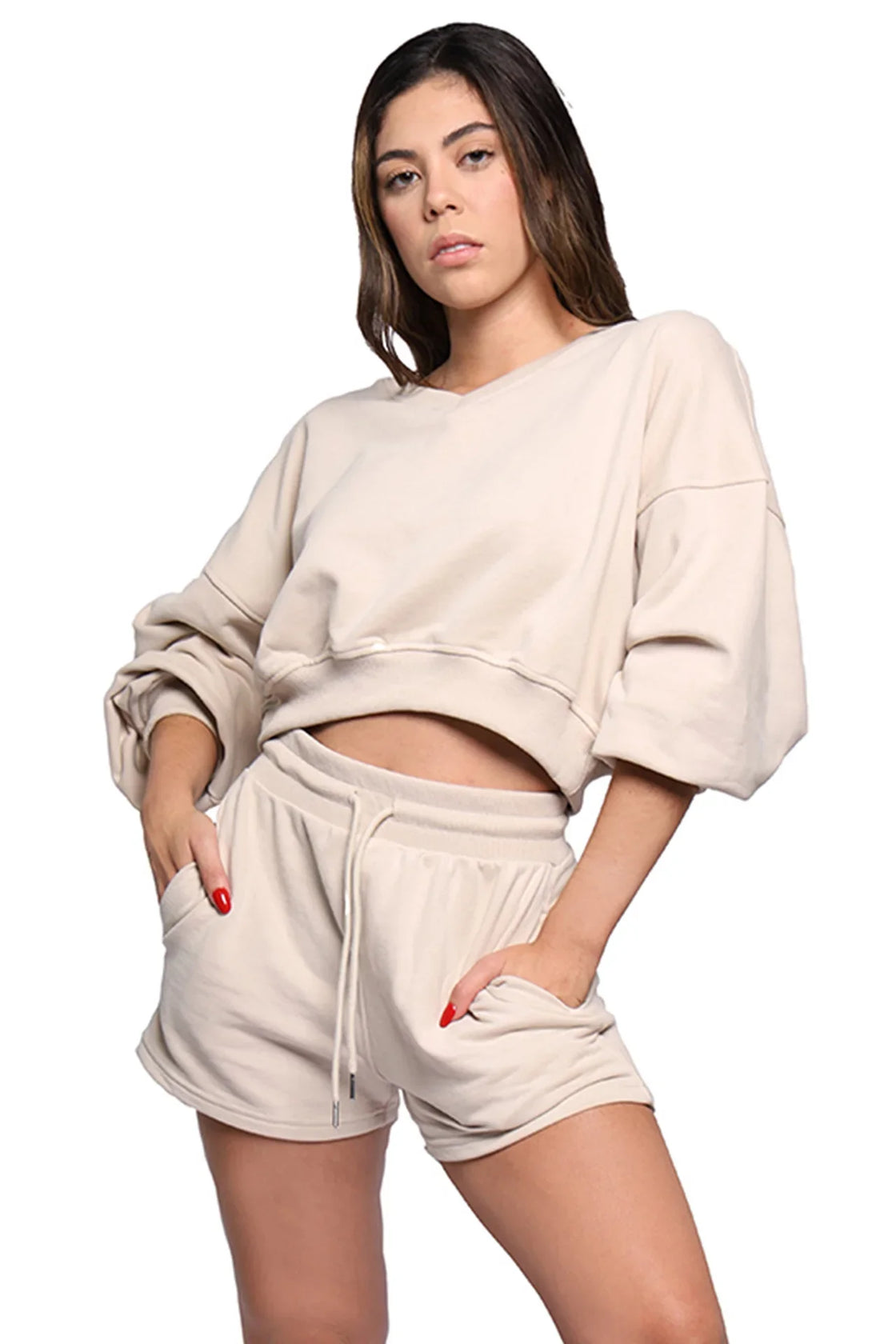 Sweat Short Set in tan, worn as a matching set