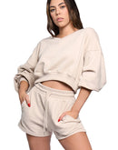 Sweat Short Set in tan, worn as a matching set