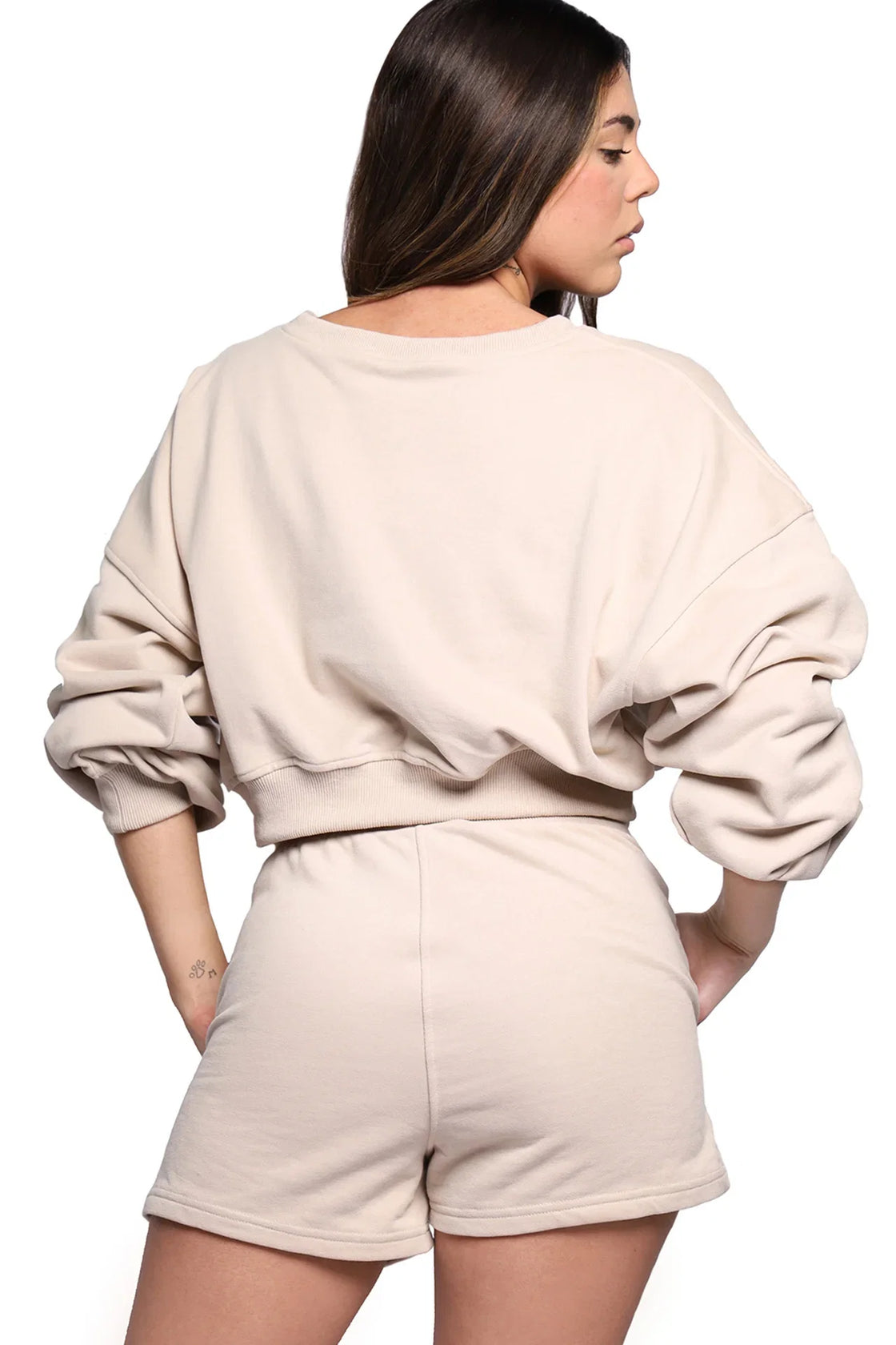 Sweat Short Set in tan, back view