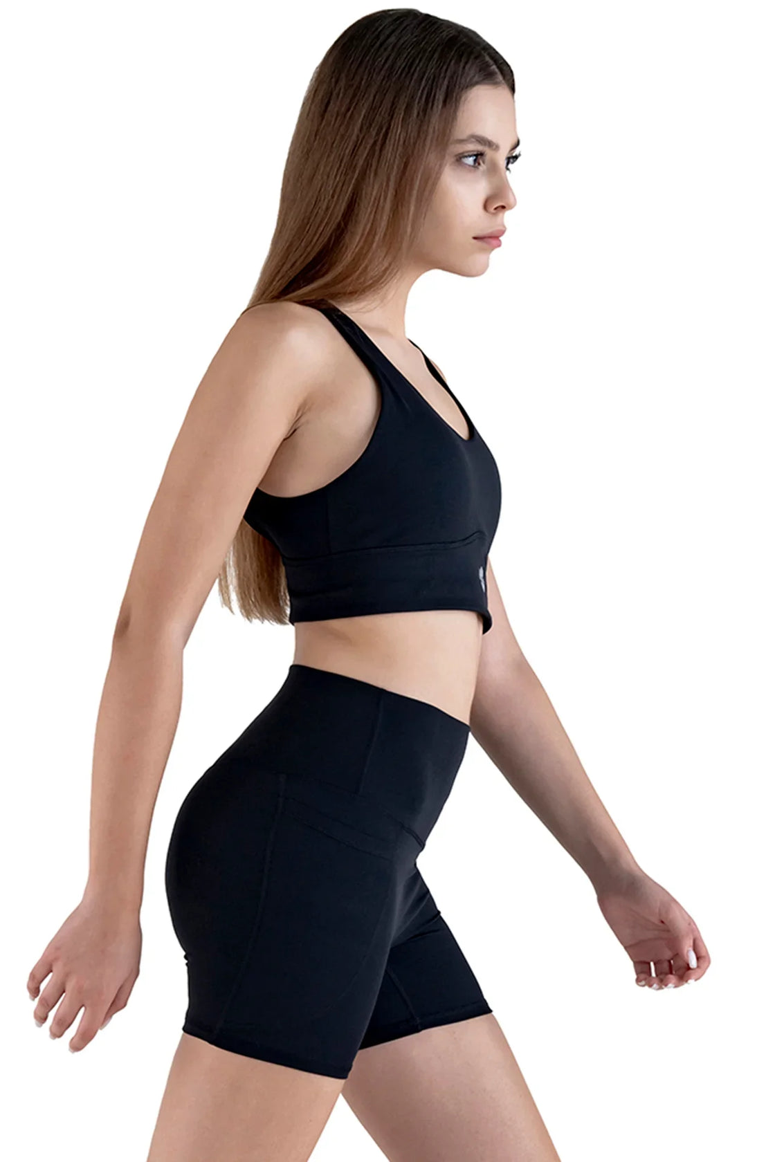 Yoga Short Set in black, matching shorts and longline bra top